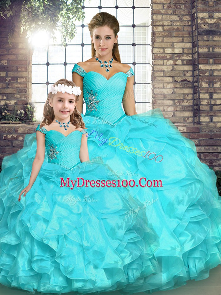 Sleeveless Organza Floor Length Lace Up Sweet 16 Dresses in Aqua Blue with Beading and Ruffles
