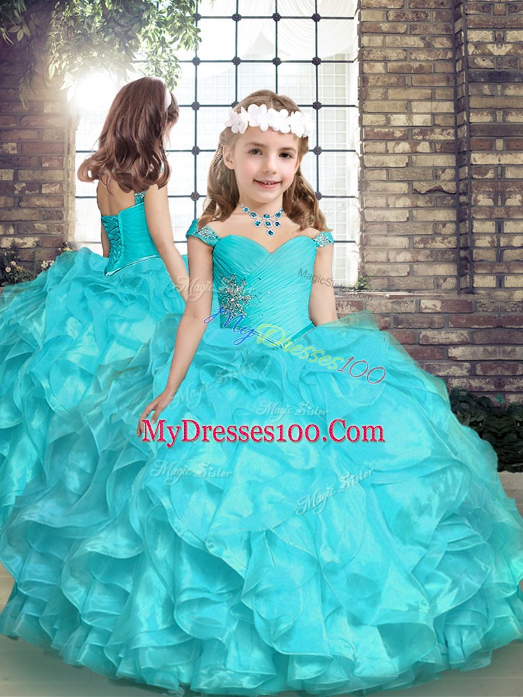 Sleeveless Organza Floor Length Lace Up Sweet 16 Dresses in Aqua Blue with Beading and Ruffles