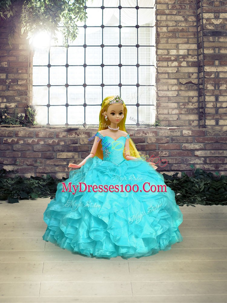 Sleeveless Organza Floor Length Lace Up Sweet 16 Dresses in Aqua Blue with Beading and Ruffles