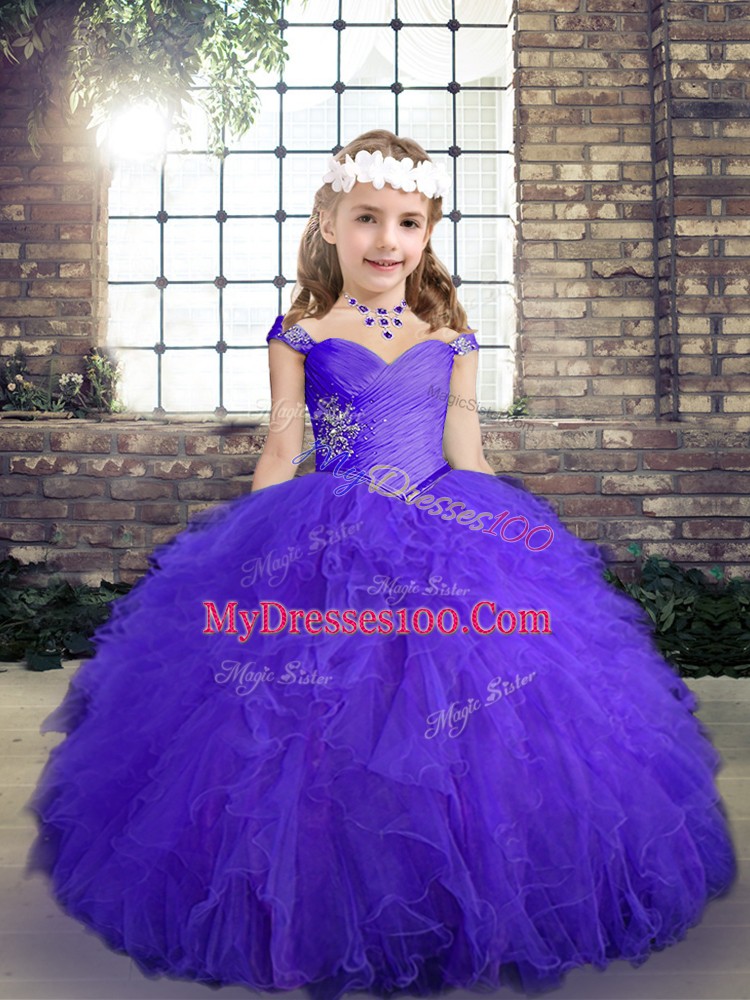Excellent Straps Sleeveless Tulle Pageant Gowns For Girls Beading and Ruffles Lace Up