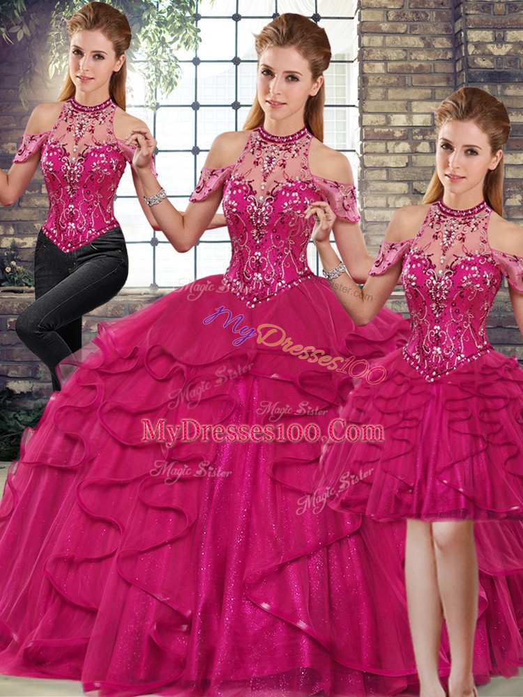 Ideal Fuchsia Tulle Lace Up Sweet 16 Dresses Sleeveless Floor Length Beading and Ruffles