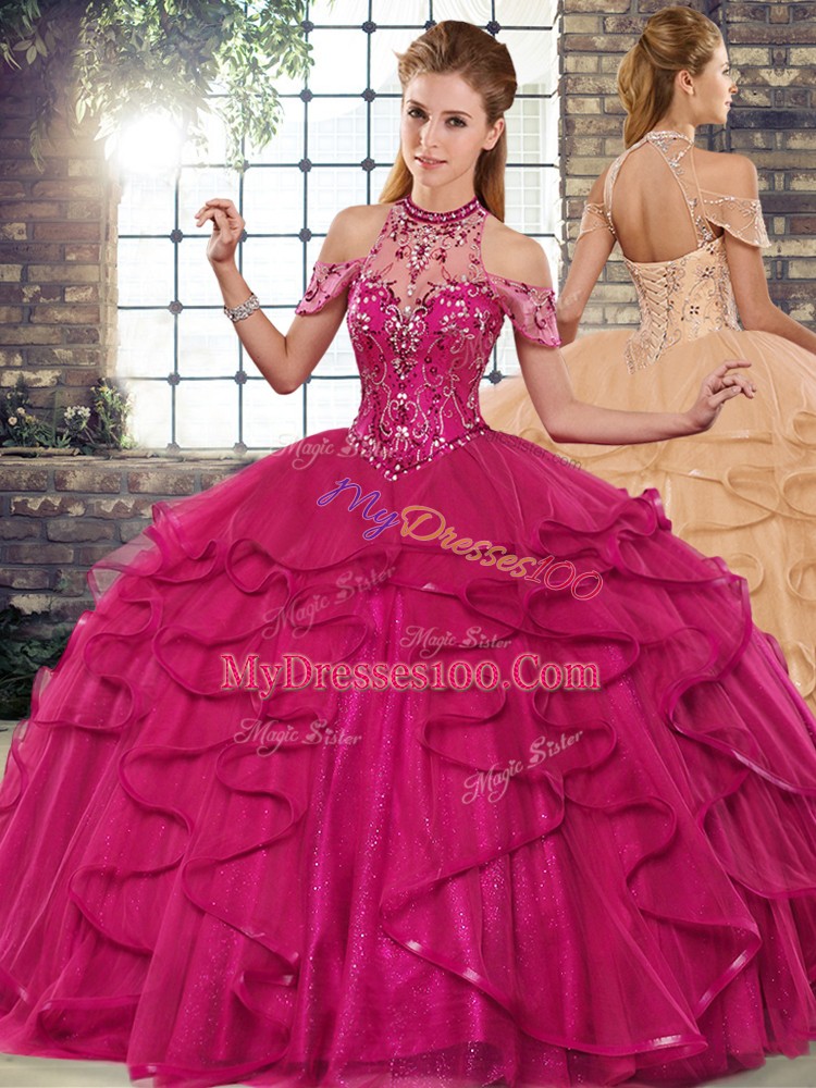 Ideal Fuchsia Tulle Lace Up Sweet 16 Dresses Sleeveless Floor Length Beading and Ruffles