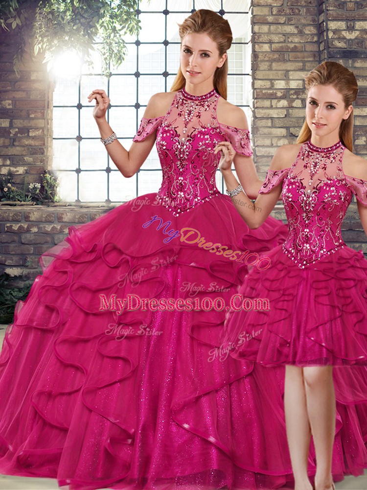 Ideal Fuchsia Tulle Lace Up Sweet 16 Dresses Sleeveless Floor Length Beading and Ruffles