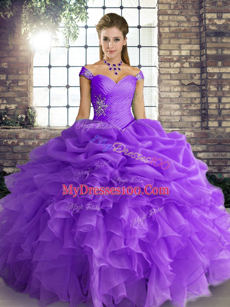 Lavender Lace Up Off The Shoulder Beading and Ruffles and Pick Ups 15 Quinceanera Dress Organza Sleeveless