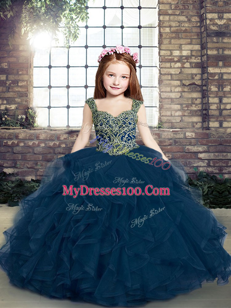 Most Popular Blue Tulle Lace Up Straps Sleeveless Pageant Dress for Teens Beading and Ruffles