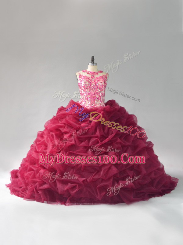 Captivating Burgundy Sweet 16 Dress Scoop Sleeveless Court Train Lace Up