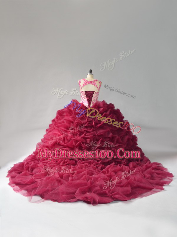 Captivating Burgundy Sweet 16 Dress Scoop Sleeveless Court Train Lace Up