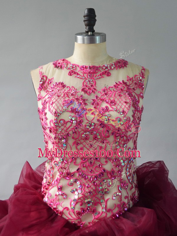 Captivating Burgundy Sweet 16 Dress Scoop Sleeveless Court Train Lace Up