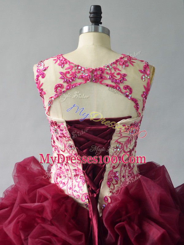 Captivating Burgundy Sweet 16 Dress Scoop Sleeveless Court Train Lace Up