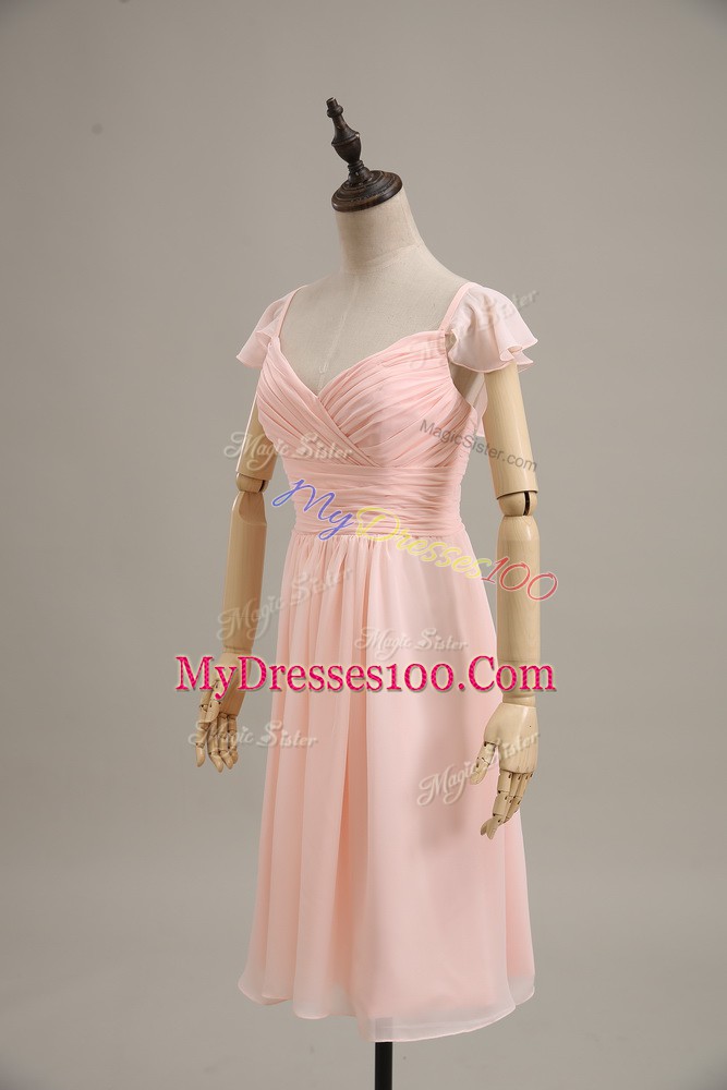 Cap Sleeves Zipper Ruching Evening Dress