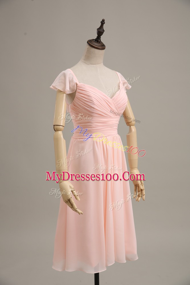 Cap Sleeves Zipper Ruching Evening Dress