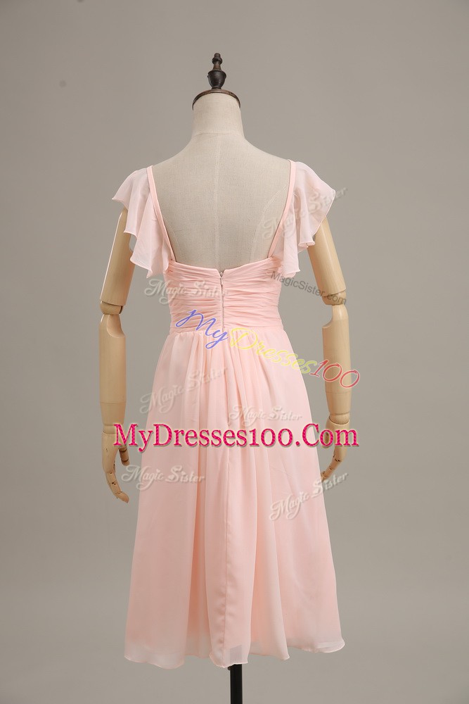 Cap Sleeves Zipper Ruching Evening Dress