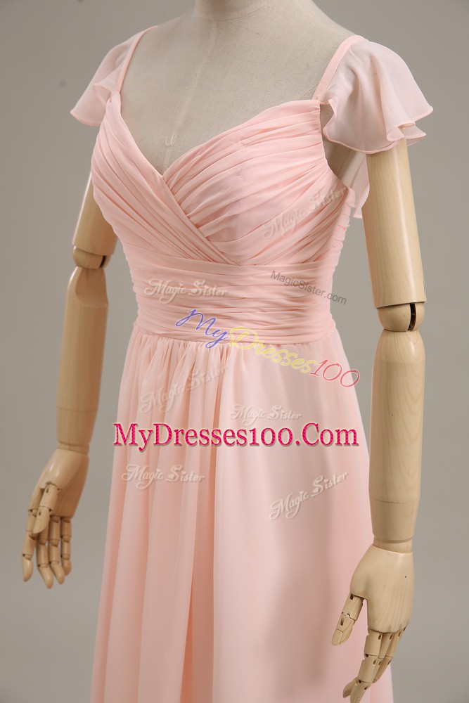 Cap Sleeves Zipper Ruching Evening Dress