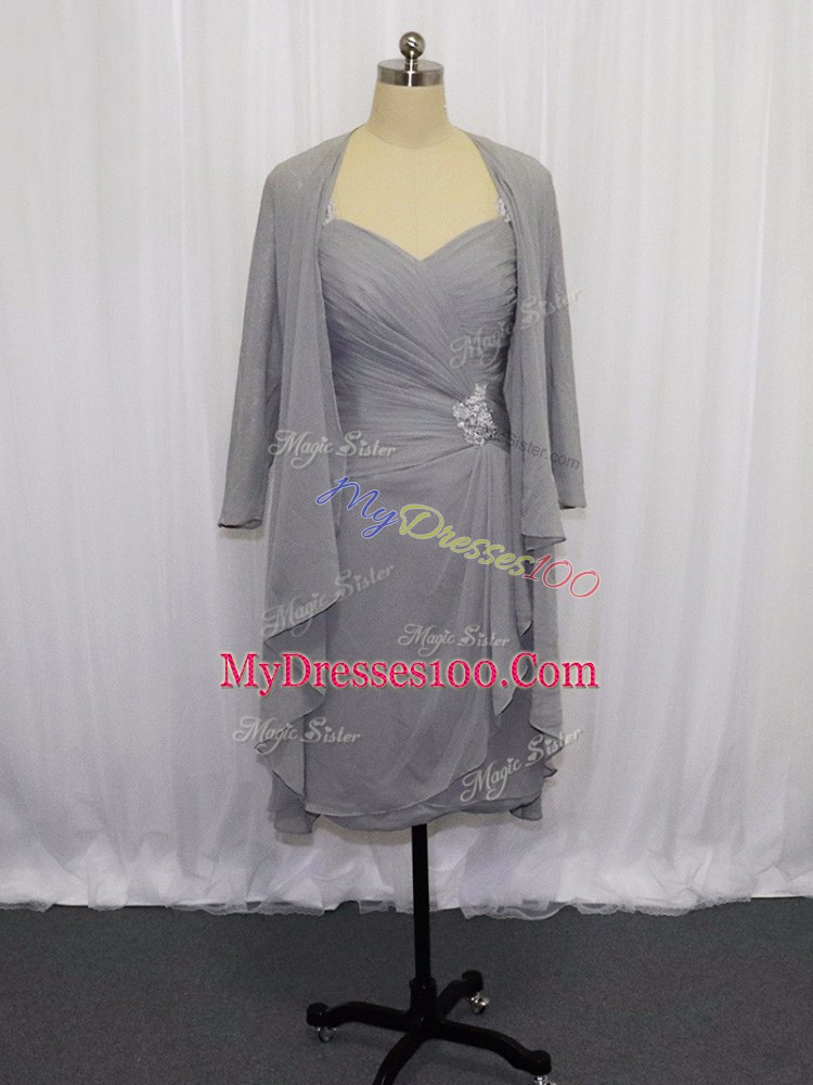 Grey Zipper Mother Of The Bride Dress Beading and Ruching Half Sleeves Knee Length
