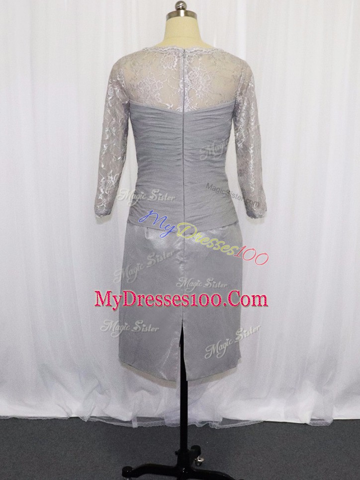 Grey Zipper Mother Of The Bride Dress Beading and Ruching Half Sleeves Knee Length
