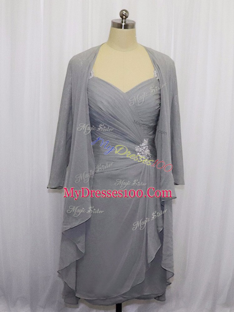 Grey Zipper Mother Of The Bride Dress Beading and Ruching Half Sleeves Knee Length