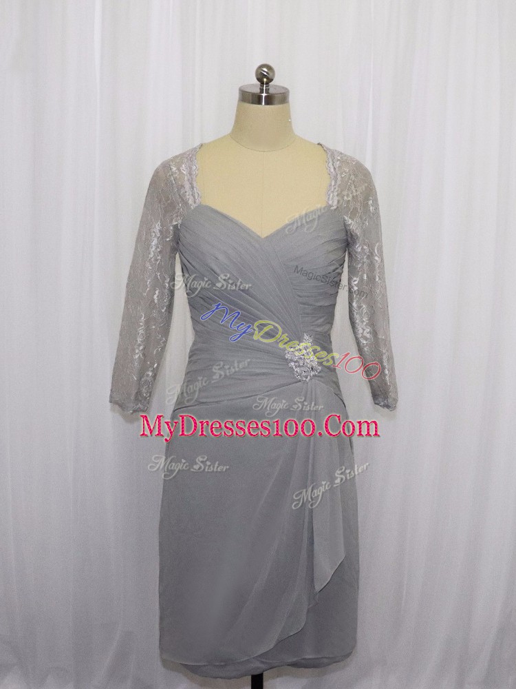 Grey Zipper Mother Of The Bride Dress Beading and Ruching Half Sleeves Knee Length
