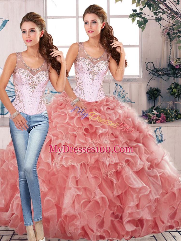 On Sale Floor Length Watermelon Red 15th Birthday Dress Scoop Sleeveless Clasp Handle