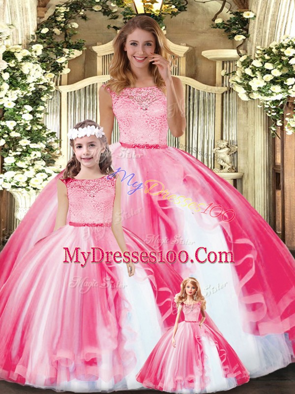 High End Tulle Scoop Sleeveless Clasp Handle Lace and Ruffles Quinceanera Dress in Hot Pink