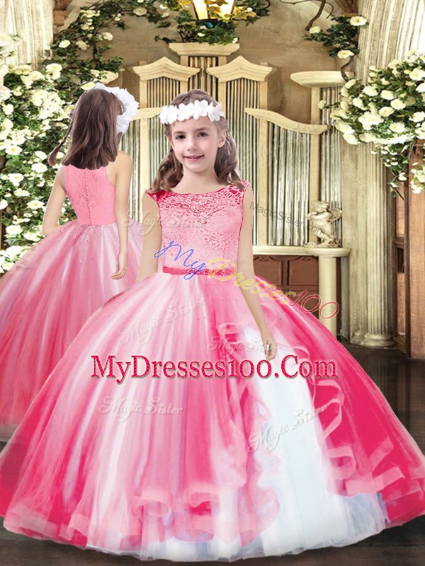 High End Tulle Scoop Sleeveless Clasp Handle Lace and Ruffles Quinceanera Dress in Hot Pink