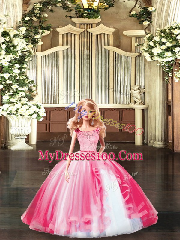 High End Tulle Scoop Sleeveless Clasp Handle Lace and Ruffles Quinceanera Dress in Hot Pink