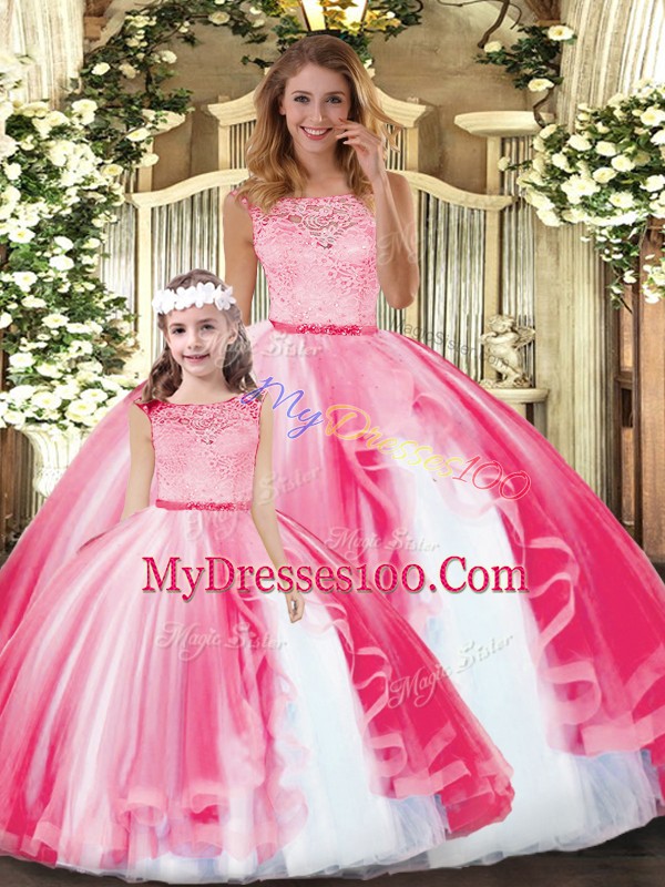 High End Tulle Scoop Sleeveless Clasp Handle Lace and Ruffles Quinceanera Dress in Hot Pink