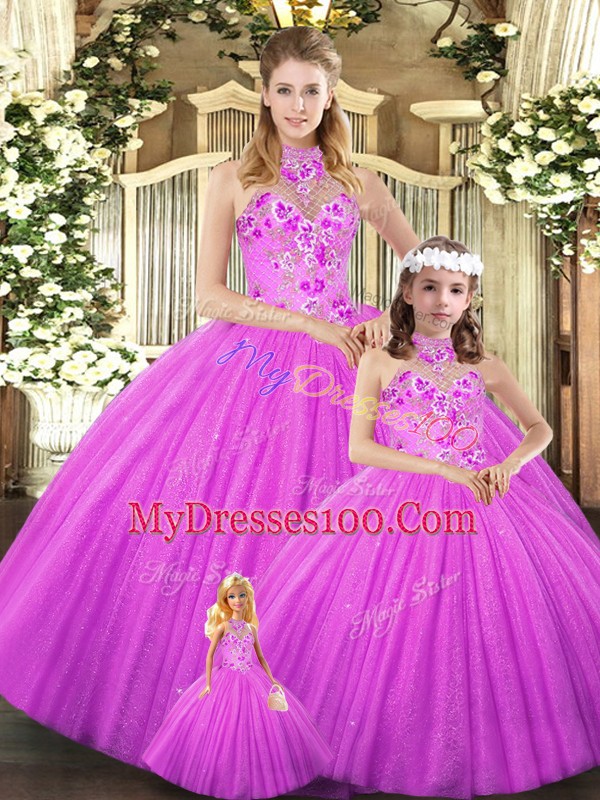 Sleeveless Floor Length Embroidery Lace Up Quinceanera Gown with Lilac