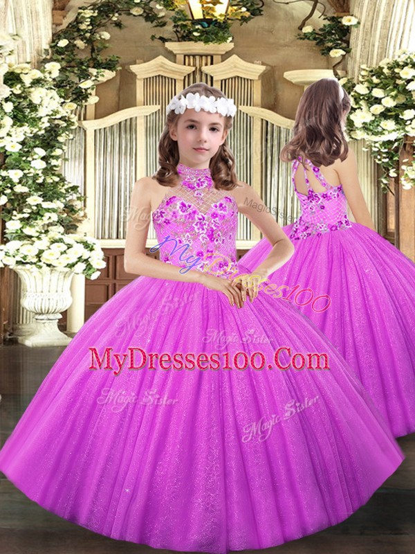 Sleeveless Floor Length Embroidery Lace Up Quinceanera Gown with Lilac