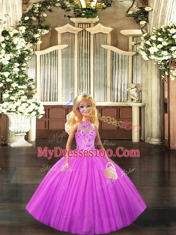 Sleeveless Floor Length Embroidery Lace Up Quinceanera Gown with Lilac
