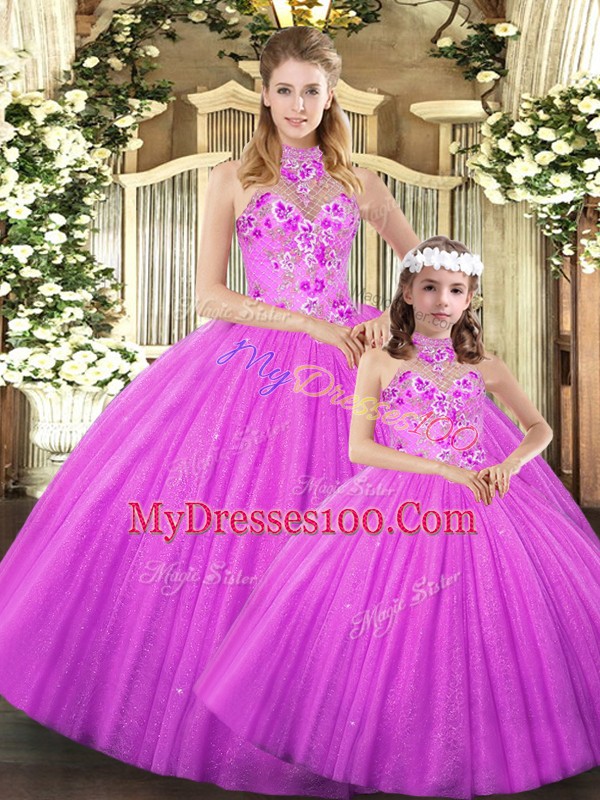 Sleeveless Floor Length Embroidery Lace Up Quinceanera Gown with Lilac