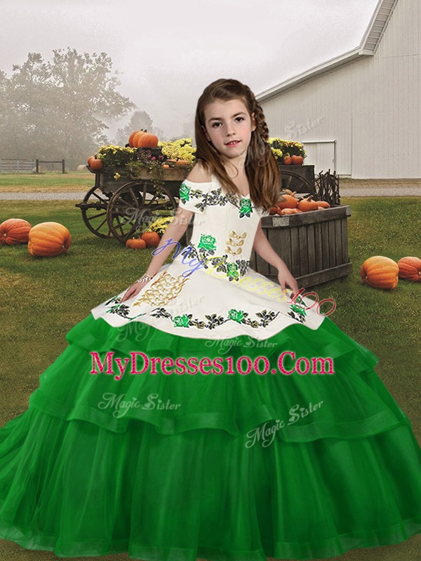 Green Ball Gowns Tulle Straps Sleeveless Embroidery and Ruffled Layers Floor Length Lace Up Pageant Gowns