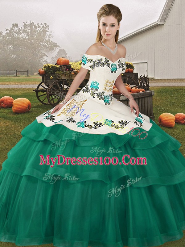 High Class Turquoise Off The Shoulder Neckline Embroidery and Ruffled Layers 15 Quinceanera Dress Sleeveless Lace Up