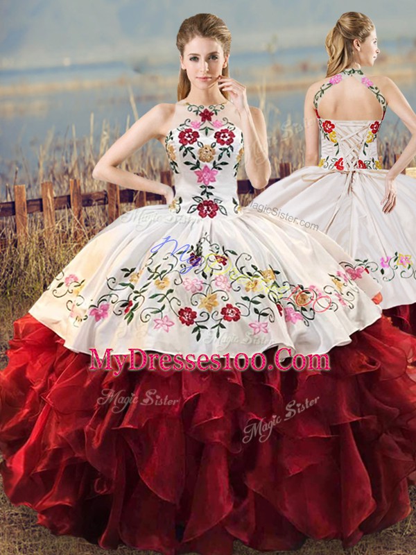 Fashion Sleeveless Embroidery and Ruffles Lace Up 15th Birthday Dress