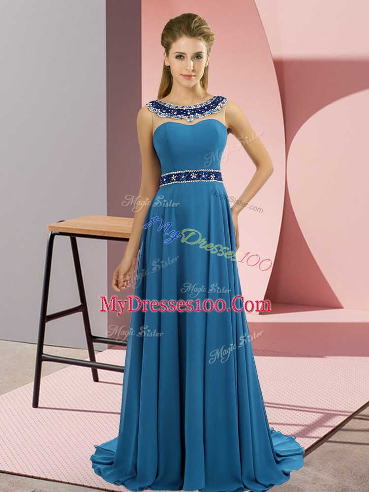 Fine Empire Sleeveless Blue Juniors Party Dress Brush Train Zipper