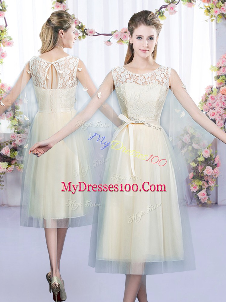 Elegant Tea Length Champagne Bridesmaid Dress Scoop Sleeveless Lace Up