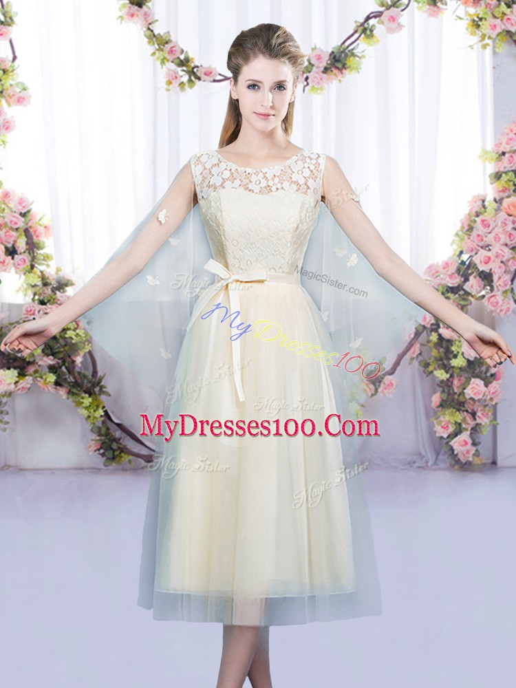 Elegant Tea Length Champagne Bridesmaid Dress Scoop Sleeveless Lace Up