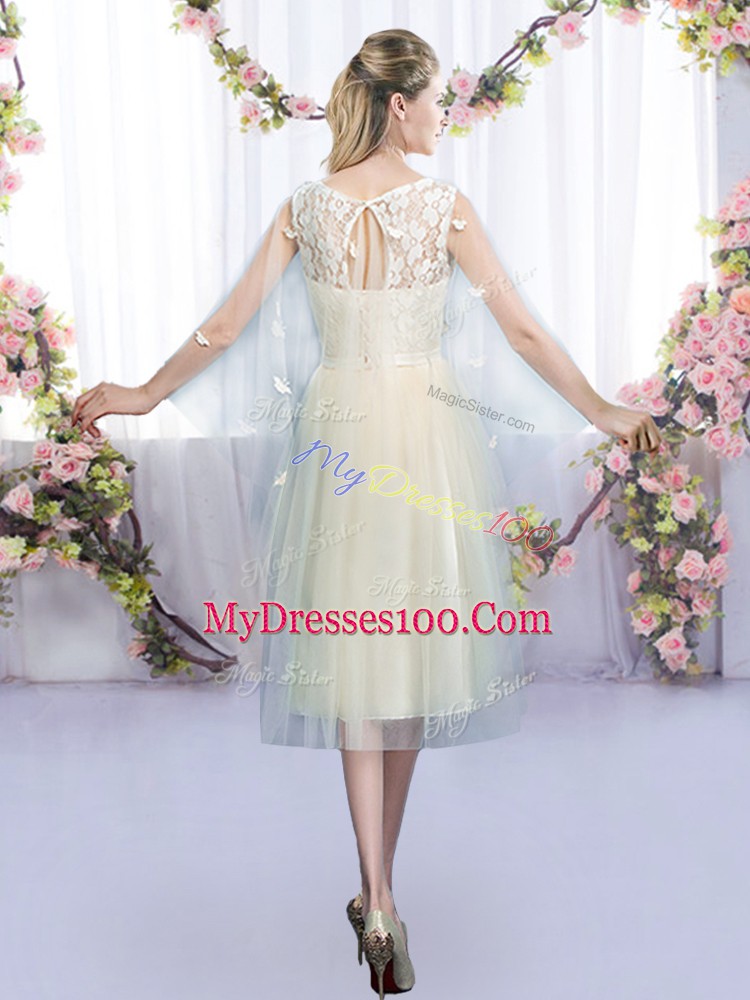 Elegant Tea Length Champagne Bridesmaid Dress Scoop Sleeveless Lace Up