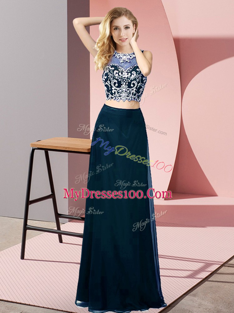 Teal Two Pieces Scoop Sleeveless Chiffon Floor Length Backless Beading Prom Dress
