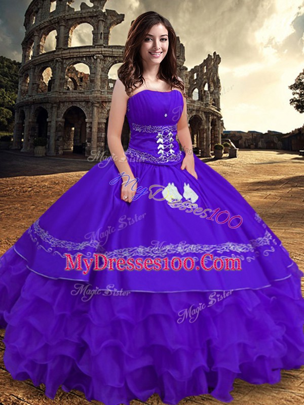 Vintage Floor Length Lace Up Sweet 16 Dress Purple for Sweet 16 and Quinceanera with Embroidery and Ruffles
