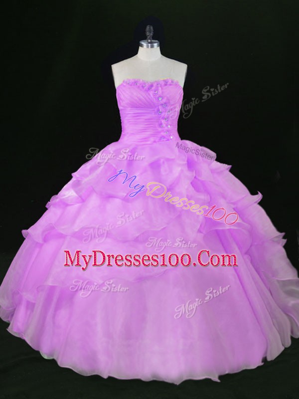 Lavender Lace Up Sweetheart Beading and Ruffles 15th Birthday Dress Organza Sleeveless