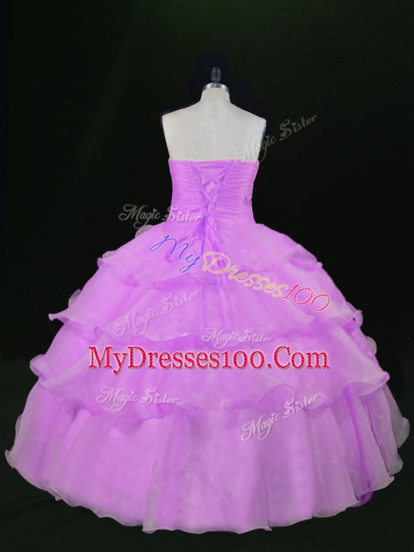 Lavender Lace Up Sweetheart Beading and Ruffles 15th Birthday Dress Organza Sleeveless