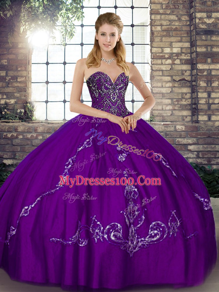 Purple Sleeveless Beading and Embroidery Floor Length Vestidos de Quinceanera