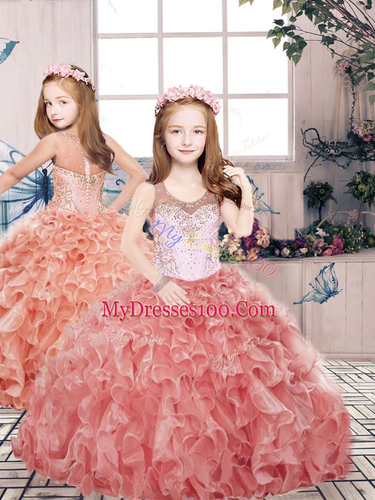 Ball Gowns Little Girls Pageant Gowns Red Scoop Organza Sleeveless Floor Length Zipper