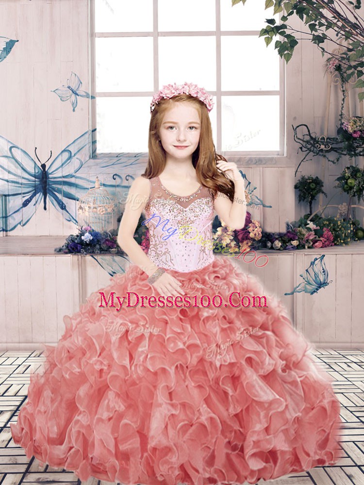 Ball Gowns Little Girls Pageant Gowns Red Scoop Organza Sleeveless Floor Length Zipper