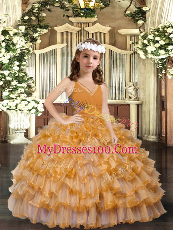 Floor Length Ball Gowns Sleeveless Gold Little Girls Pageant Dress Zipper