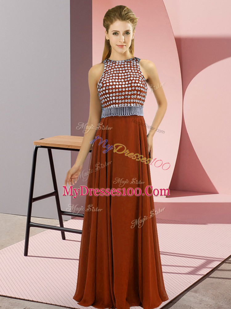Sophisticated Rust Red Chiffon Side Zipper Homecoming Dress Sleeveless Floor Length Beading