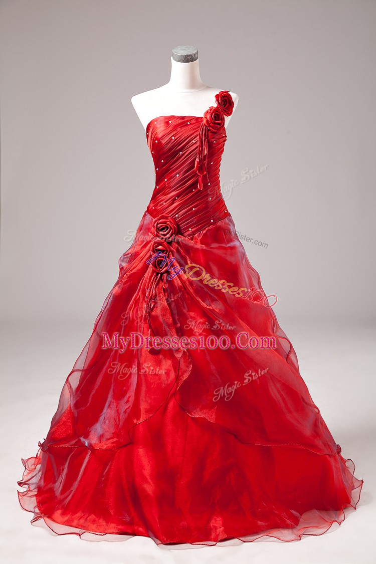 Sleeveless Floor Length Beading Lace Up Quinceanera Dresses with Red