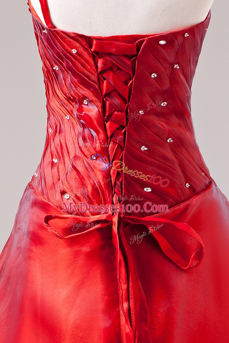 Sleeveless Floor Length Beading Lace Up Quinceanera Dresses with Red