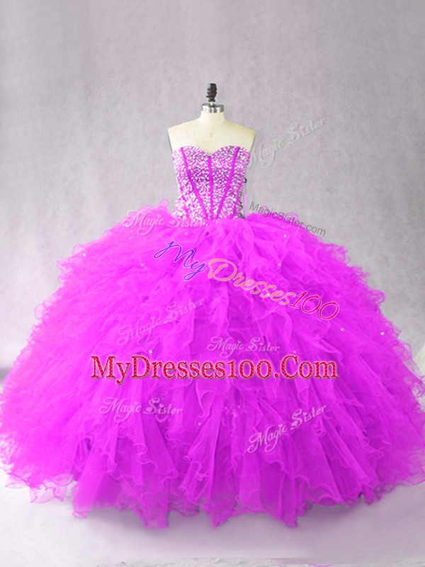 Purple Sleeveless Tulle Lace Up Quince Ball Gowns for Sweet 16 and Quinceanera
