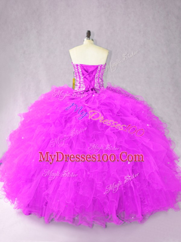 Purple Sleeveless Tulle Lace Up Quince Ball Gowns for Sweet 16 and Quinceanera